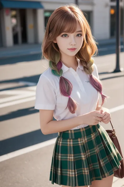 Girl with emerald green hair and orange inner color, wavy hair, gradation hair, green hair, pink inner color, side braids, wavy hair, two side up, cloud hair, emerald green eyes, high school girl, Cheerful and active, golden hair clip, loose socks, plaid s...