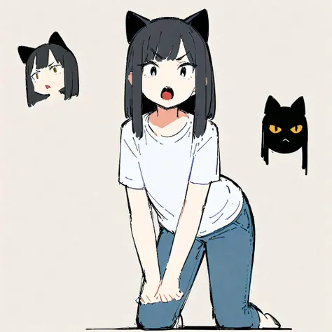 (displeased look, crouching ,open mouth) ,((standard height)) ,(Thick painting style),Bold line, ((masterpiece,)),(((Highest quality))),(sketch),((women in their 20s)),Short black hair,Black cat ears,T-Shirts,jeans