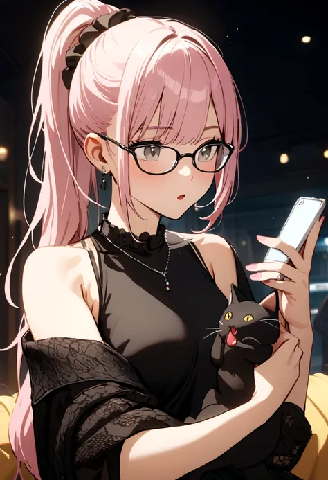 girl with light pink hair, high ponytail, yellow glasses, gray eyes, black shirt, off shoulder, holding a black stuffed cat, white phone