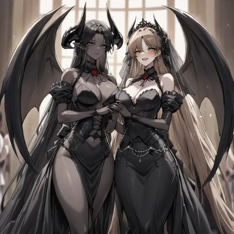 ((Highest quality)), ((masterpiece)), (detailed), （Perfect Face）、The woman is a sexy devil with jet black skin、The woman is a jet-black female demon with magnificent devil horns, jet-black devil wings, and a jet-black tail. Her skin is jet-black, she is we...