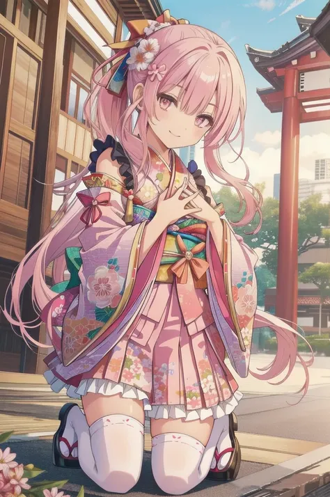 pixai,  Intricate details, High resolution, Highest quality, High resolution,
Dynamic pose,
Outdoor,
Cowboy Shot,
smile,
(Pose as if hugging a friend),
(Put your hands on your knees:1.2),
break,
ponytail,
Pink Hair,
Orange eyes,
(Medium chest:1.1),
 Frills...