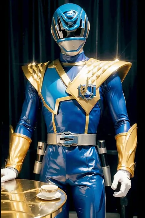 Fantasy background, cafe rpg style, empty chair, table, set of tea glass, (power rangers)), One guy、, ((blue ranger suit)),  chest armor with gold details,   costume, Solo, ((fit figure)), (Anatomically correct), Cowboy shot, masked face, guns, muscular bu...