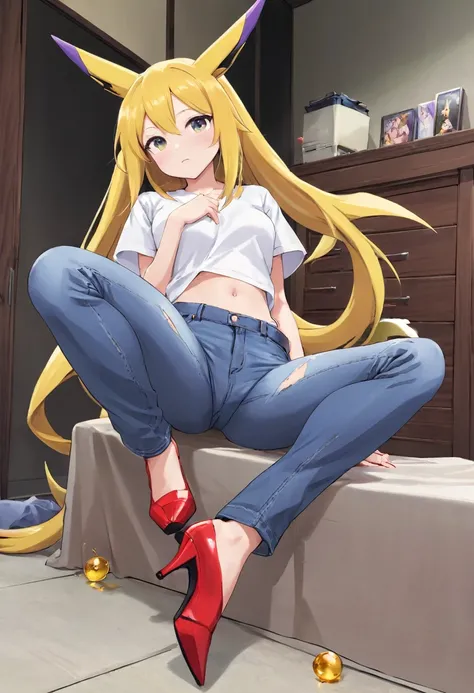 Fraction_9, Fraction_8_Direction_7_Direction_6_Direction_5_Direction_4_up, rest, src_Japanese cartoons, Endless, Official Art, masterpiece, 1 Girl, renamon (Digimon), anthropology, cute的, , very younger, young, , Uncensored, Oversized T-shirt, big jeans, R...