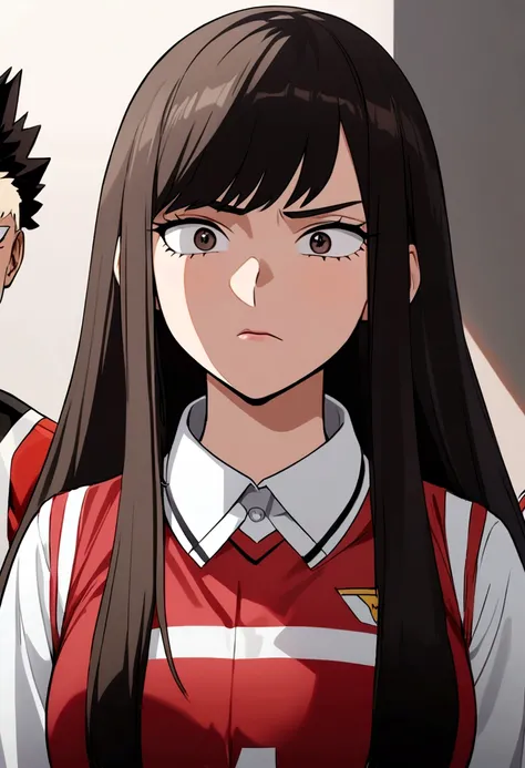 screenshot of my hero academia.
Girl with long straight hair, black and dark brown color. Dark brown eyes and light skin. He has a strong expression and is wearing a UA uniform. In the background he is in a UA class with Kaksuki Bakugo.