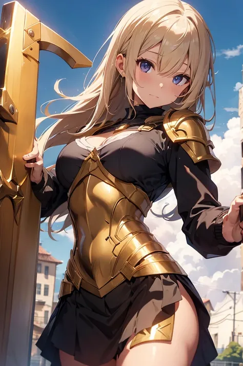 Paladin,beautiful breasts,holding shield,spear,Hair Color is gold,hair style is sideponytali, hair over one eye,high Quality,best quality