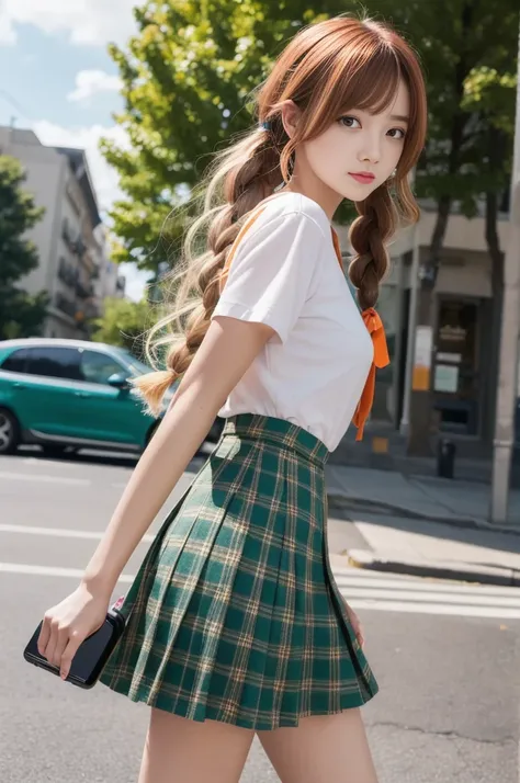 Girl with emerald green hair and orange inner color, wavy hair, gradation hair, green hair, pink inner color, side braids, wavy hair, two side up, cloud hair, emerald green eyes, high school girl, Lively and active, golden hair clip, loose socks, plaid ski...