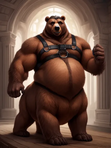 furry, fur taur, brown beartaur, middle-age, detailed face, bear ears, bear eyes(brown), bear nose(black), bear mouth, garibaldi beard(white), mature hair(white), detailed arms(strongest), hands(5 fingers), detailed body belly, muscle belly(white), chest h...