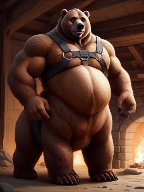 furry, fur taur, brown beartaur, middle-age, detailed face, bear ears, bear eyes(brown), bear nose(black), bear mouth, garibaldi beard(white), mature hair(white), detailed arms(strongest), hands(5 fingers), detailed body belly, muscle belly(white), chest h...