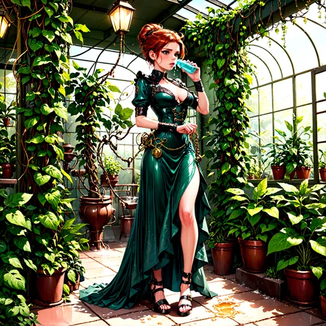 Woman (Kate Mara, 22, dressed appropriate to the scene) showering(cleaning herself using bubbly soap) under cascading metal vines that give way to a lush, tropical garden in a steampunk conservatory. Several filth eating vines caress and search every crevi...