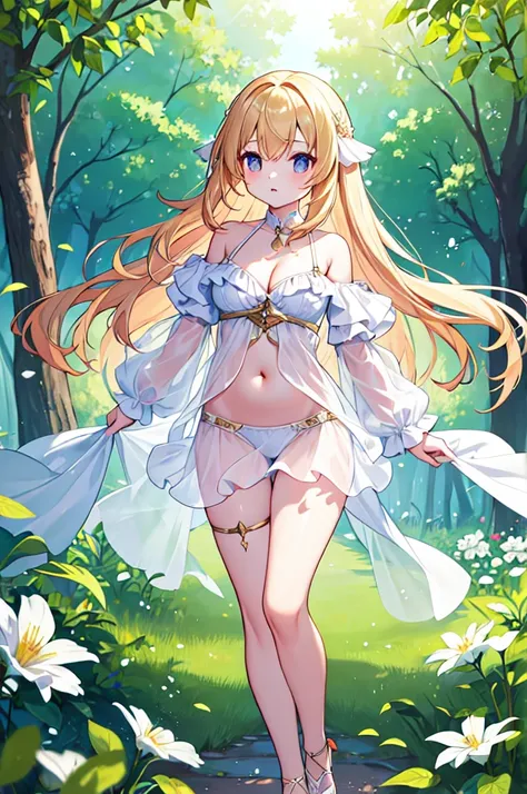 (masterpiece)、(Highest quality)、(Super Detail)、(Best Anatomy)、Light Hair,Angel of Color , See-through dress, Small breasts, Cleavage, Off the shoulder, Underbust, Thighs, Belly button,、Floating above a forest spring