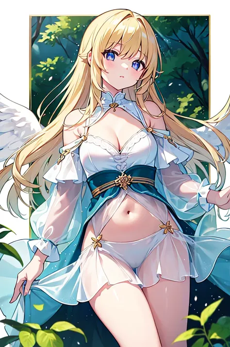 (masterpiece)、(Highest quality)、(Super Detail)、(Best Anatomy)、Light Hair,Angel of Color , See-through dress, Small breasts, Cleavage, Off the shoulder, Underbust, Thighs, Belly button,、Floating above a forest spring