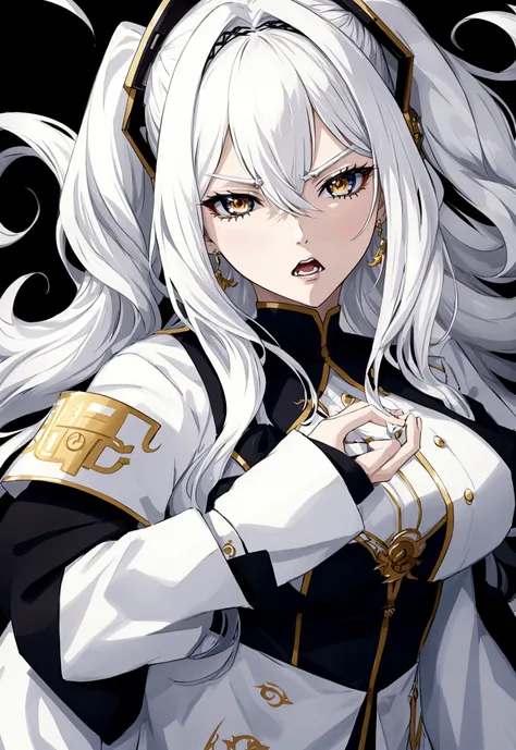 20 year old woman, anime style with a white and gold coat with cream white hair, angry white eyes