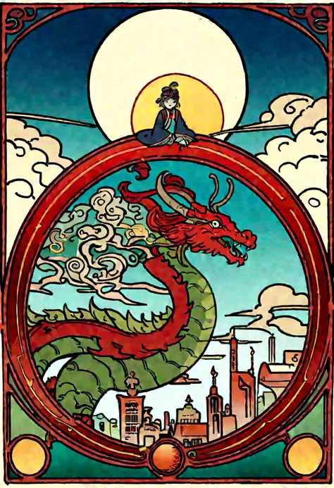 Chinese Dragon on Chang&#39;an City, art nouveau illustration, detailed sky, Chinese punk, explanatory narrative, sun master, Quito School, visual poetry, dragon looking at little girl