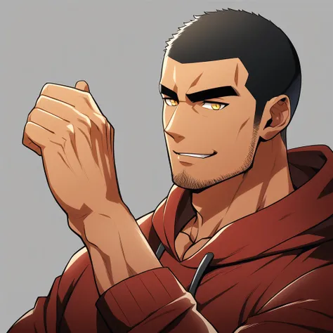 anime characters：Gyee, Young Muscle Sports Teacher, negro black skin, Buzz Cut, Manliness, male focus, Dark red long-sleeved hooded sweatshirt, Very tight, muscular male, muscular, only, Upper body, alone, Black short hair, Thick eyebrows, stubble, Yellow ...