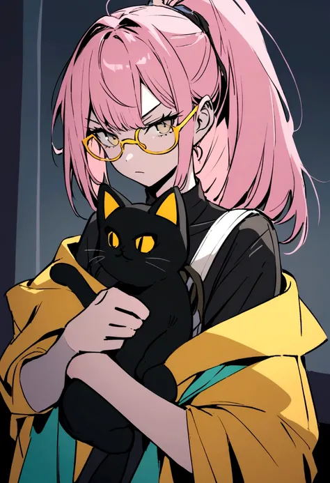 girl with light pink hair, high ponytail, yellow glasses, gray eyes, black shirt, off shoulder, holding a black stuffed cat, white phone