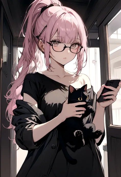 girl with light pink hair, high ponytail, yellow glasses, gray eyes, black shirt, off shoulder, holding a black stuffed cat, white phone