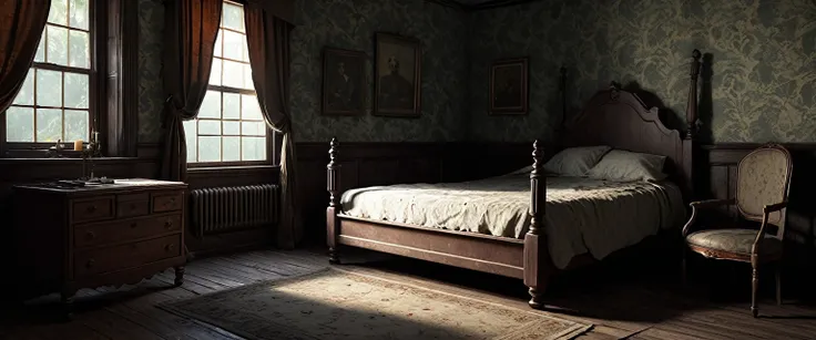 Visualize a colonial-style bed in an old, eerie bedroom at midnight. The room is dimly lit by moonlight streaming through tattered curtains, casting long shadows across the antique furniture and peeling wallpaper. The atmosphere is thick with an unsettling...