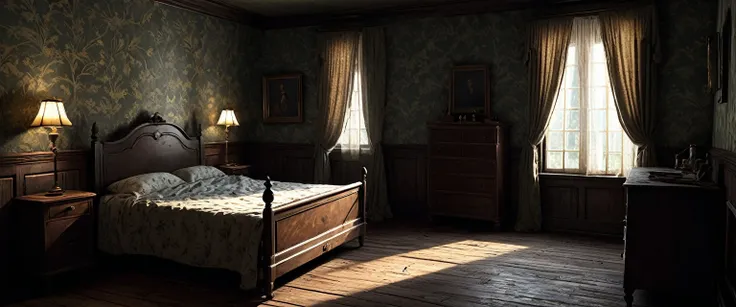 Visualize a colonial-style bed in an old, eerie bedroom at midnight. The room is dimly lit by moonlight streaming through tattered curtains, casting long shadows across the antique furniture and peeling wallpaper. The atmosphere is thick with an unsettling...