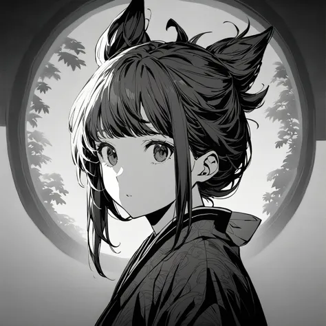 JK Girl，Beautiful anime portrait,Black monochrome，Oriental Wallpaper，Gray-black，Feeling，very anime style，Japanese Samurai，Sailor Suit，Half Body，Soft Light，Rich in details，The expression is firm，Kimono decoration，Background blur，Vivid colors，情Feeling深沉，fron...