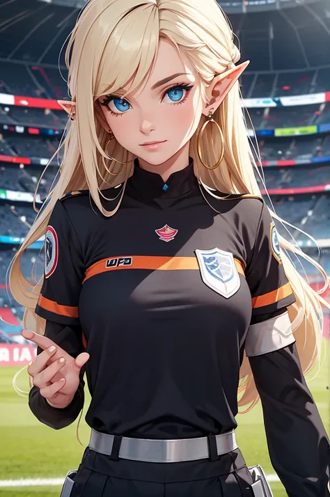 half-elf female, In a UEFA STADIUM, she wears referee uniform and peace earrings