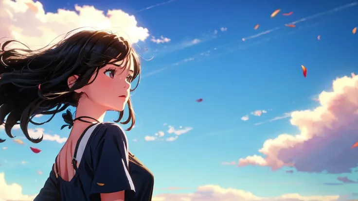 An 18-year-old girl looking back under the midsummer blue sky,Whole body,Black Hair,Detailed representation,Full of hope,My hair is blowing in the wind