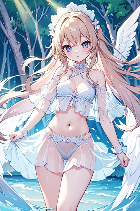 (masterpiece)、(Highest quality)、(Super Detail)、(Best Anatomy)、Light Hair,Angel of Color , See-through dress, Small breasts, Cleavage, Off the shoulder, Underbust, Thighs, Belly button,、Floating above a forest spring