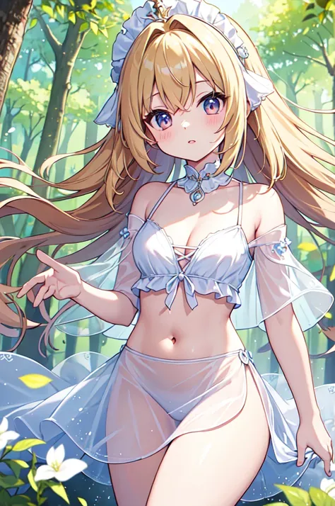 (masterpiece)、(Highest quality)、(Super Detail)、(Best Anatomy)、Light Hair,Angel of Color , See-through dress, Small breasts, Cleavage, Off the shoulder, Underbust, Thighs, Belly button,、Floating above a forest spring