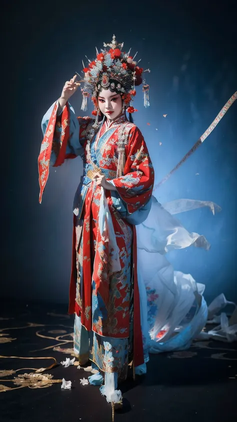 masterpiece, best quality, masterpiece, best quality, 1 girl, flowing costumes，maximum chest，peking opera,qibi