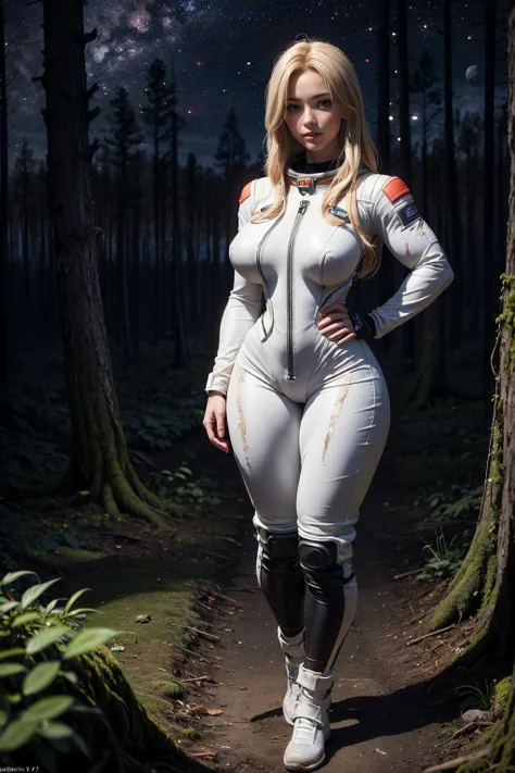 (Muscular:1.8), (thick thighs:1.2), (large round breasts:1), (large muscular chest and shoulders:1), FEMALE, blonde hair, long blonde hair, (big smile:1), (wearing tight sexy spacesuit:1.6), looking at viewer, (three quarter view:1.3), upper body view, (de...