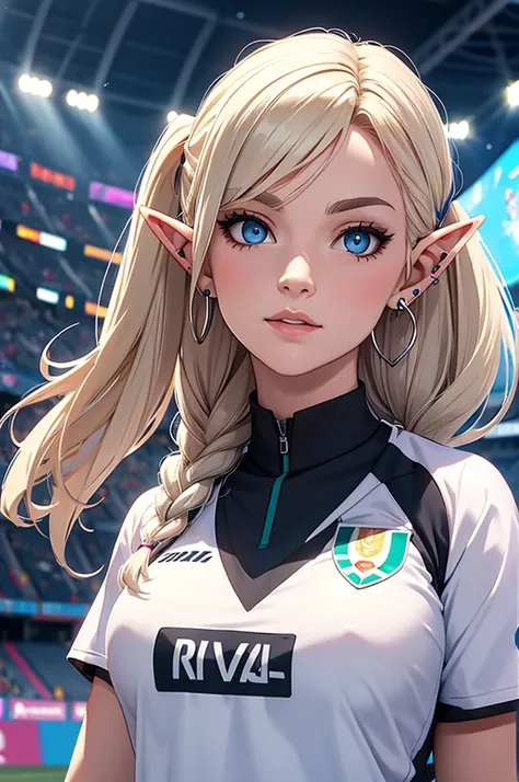 half-elf female, In a UEFA STADIUM, she wears referee uniform and earrings with peace symbol