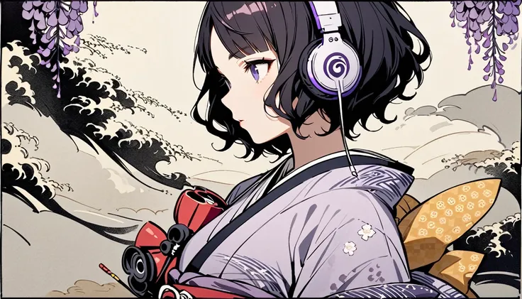 Highest quality, Katsushika Hokusai, Ink Painting, (((shorthair))), (((1 girl))), (((Pale purple kimono))), Japanese style headphones, Wisteria flower, beautiful girl, Black Hair, Delicate and precise, Modern ukiyo-e style