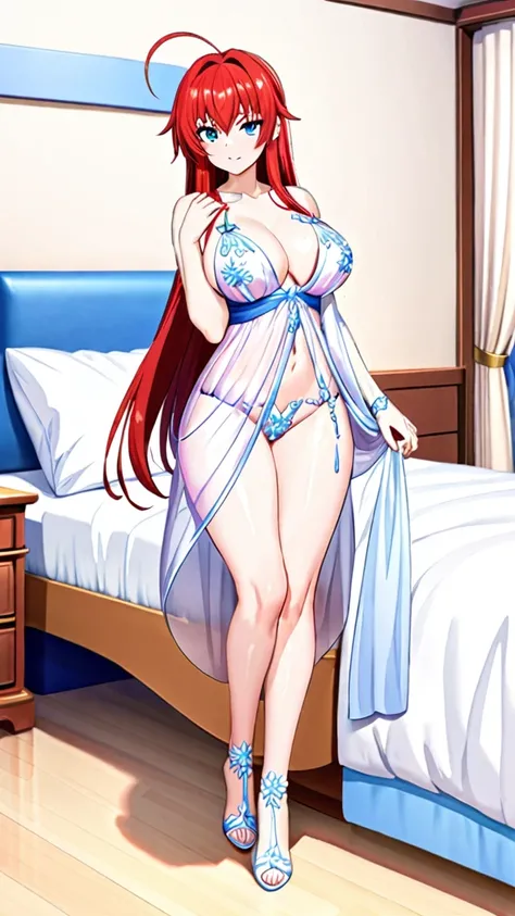 1girl, full body, masterpiece, best quality, perfect detail, ultra detail, bedroom, blue eyes, rias gremory, ahoge, large breasts, wide hips, thighs, royal icing, cosplay, see-through, jewelry, lingerie, babydoll