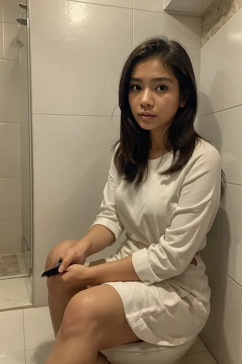 a beautiful woman, Indonesian face, sitting on the bathroom toilet while looking at her cellphone