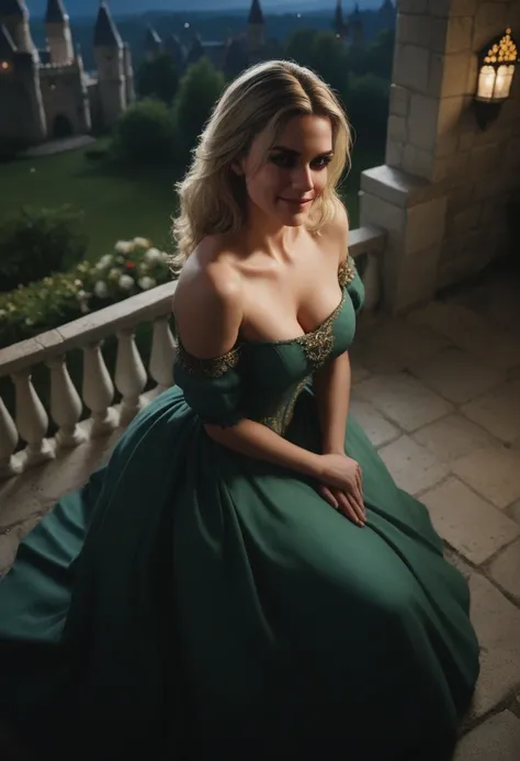 score_9, score_8_above, score_7_above, 1girl, large_breasts, royal_garden, medieval_castle, elegant_green_dress, off_shoulder_dress, (shy_smile:0.9), cute_woman, blonde, long_hair, side view, from_above, night, moonlight, margot robbie
