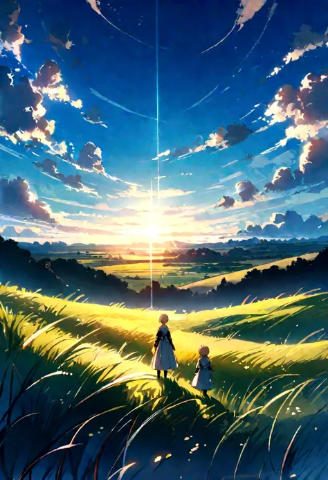 A stunning landscape with a vast, clear blue sky filled with fluffy, white clouds. The sun is shining brightly, casting a beautiful light across the scene. In the foreground, there are two small figures standing on a grassy field, gazing up at the sky. The...