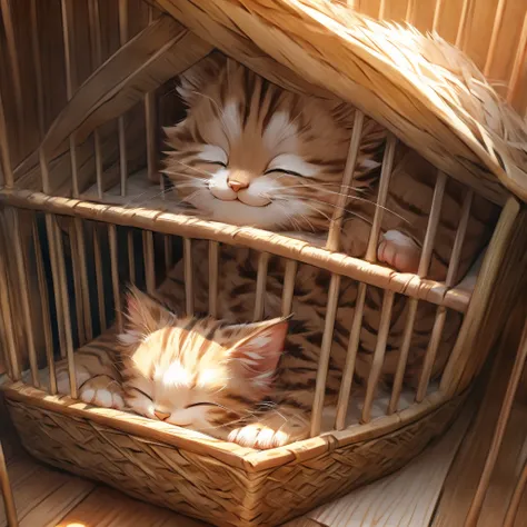 Brown tabby kitten、Sleeping in a cage with a smile