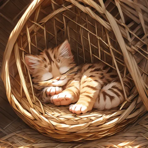 Brown tabby kitten、Sleeping in a cage with a smile