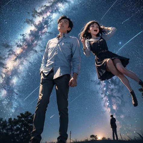 mom and dad looking up at the night sky。countless stars shine in the night sky、among them, a shooting star falls towards the ear...