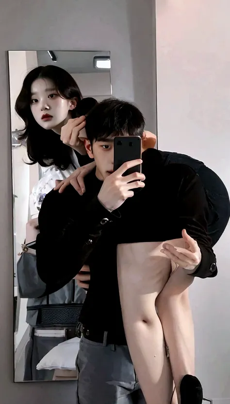 there is a man and woman that are taking a selfie, couple pose, cursed photography, mirror selfie, in love selfie, distorted pose, roberto ferri and ruan jia, with a mirror, taejune kim, real life size, ulzzang, steven klein, Wonyoung ive ultrahd 4k Hiperr...