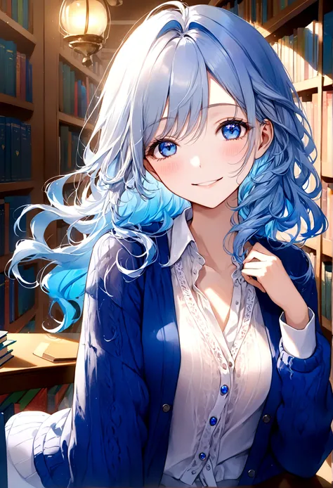 ((top-quality)), ((​masterpiece)), ((ultra-detailliert)), (extremely delicate and beautiful), beautiful woman, bright light blue hair, long wavy hair, sapphire blue eyes, cozy cardigan, sheer white shirt under cardigan, sweet smile, fair complexion, librar...