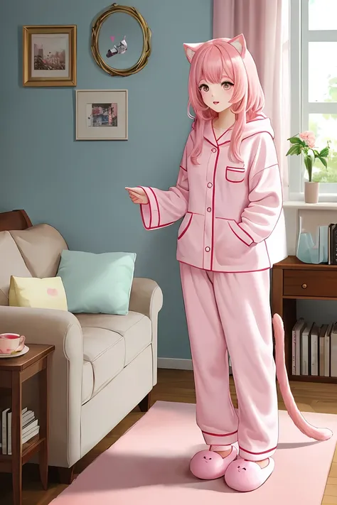 score_9,score_8_up,score_7_up,masterpiece, top quality, best quality, official art, beautiful and aesthetic, animation, , 1girl with cat ear, perfect figure, pink hair, complicated details, living room, standing, cute hooded pajamas, extremely spacious. It...