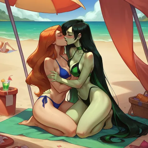 score_9, score_8_up, score_8_up, source_cartoon, 2girls, (Kim Possible, orange-red hair, long flowing hair:1.0), (Shego, black, long flowing hair:1.0), girlfriends, cleavage, bikinis, beach, outdoors, kneeling, groping, kissing, blush.