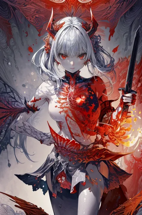 (Tabletop, Absurd quality, Highest quality, Official Art, beautifully、aesthetic: 1.2), (One Woman: 1.4), Very detailed, (Fractal Art: 1.3), colorful, Most detailed, Holding the Female Demon Sword, (Positive::1.3), Action Painting Style, Dark grey and red, ...