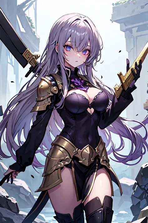 Dark Paladin,beautiful breasts,Hair Color is gold,hair style is sideponytali, hair over one eye,high Quality,best quality,holding sword