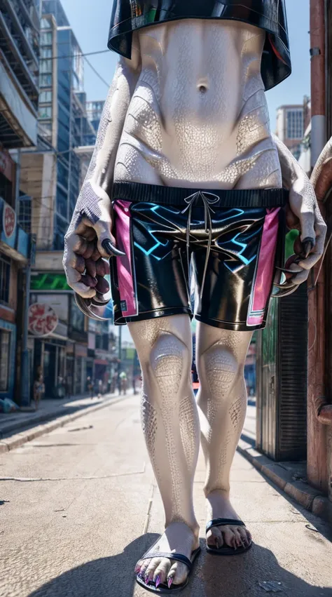 Standing on the extremely hot street，Wearing swimming trunks，Chest gemstones，Skinny girl（10 years old），Cyberpunk dragons，Pinkish white scales，Perfect fingers，Feet are clawed and wear black plastic sandals，Detailed and true，High Detail，high quality，High-res...