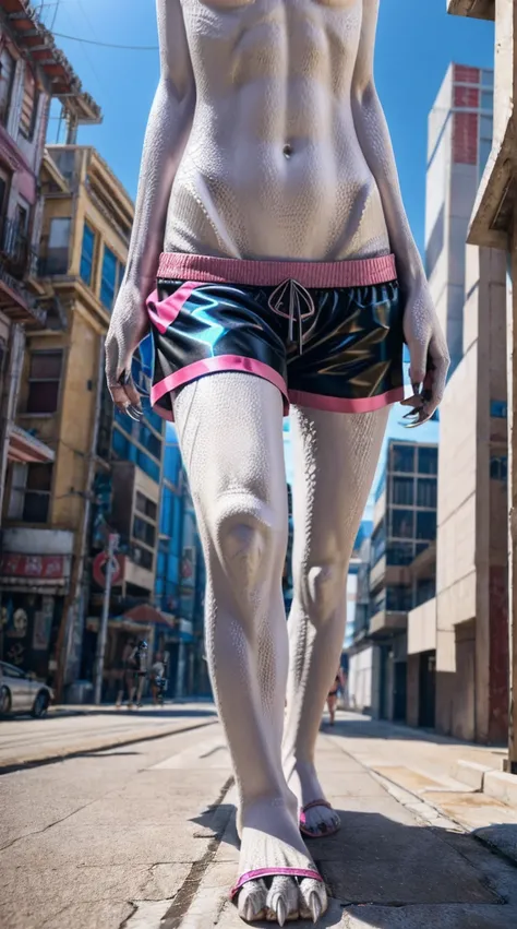 Standing on the extremely hot street，Wearing swimming trunks，Chest gemstones，Skinny girl（10 years old），Cyberpunk dragons，Pinkish white scales，Perfect fingers，Feet are clawed and wear black plastic sandals，Detailed and true，High Detail，high quality，High-res...