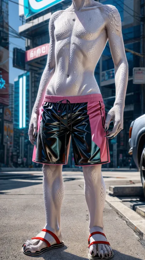 Standing on the extremely hot street，Wearing swimming trunks，Chest gemstones，Skinny girl（10 years old），Cyberpunk dragons，Pinkish white scales，Perfect fingers，Feet are clawed and wear black plastic sandals，Detailed and true，High Detail，high quality，High-res...