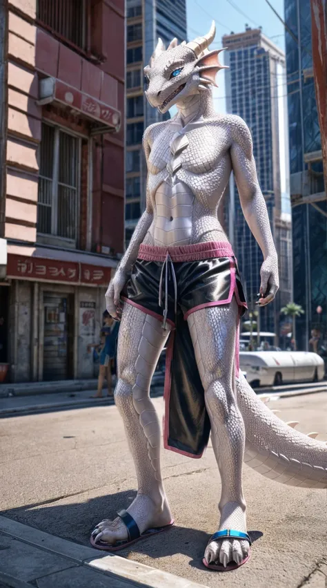 Standing on the extremely hot street，Wearing swimming trunks，Chest gemstones，Skinny girl（10 years old），Cyberpunk dragons，Pinkish white scales，Perfect fingers，Feet are clawed and wear black plastic sandals，Detailed and true，High Detail，high quality，High-res...