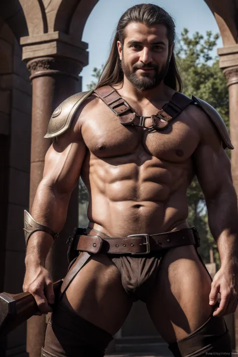 realistic, masterpiece, intricate details, detailed background, depth of field, photo of a handsome (irani man), w4x4rmor, wearing wax barbarian armor, (dynamic pose), fighting stance, fantasy background, cinematic composition, holding weapon, covered in ,...