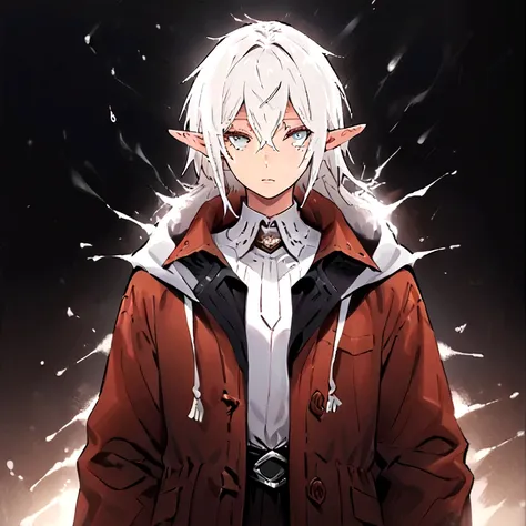 elf boy white hair and res eyes. he is in the middle of a blizzard using magic